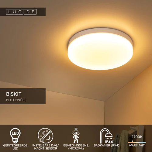 Lucide BISKIT - Plafonnière Badkamer - Ø 40 cm - LED - 1x36W 2700K - IP44 - Bewegingssensor - Wit - USP